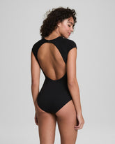 SPANXshapeâ„¢ Swim Pique High Neck Short Sleeve One-Piece | Very Black